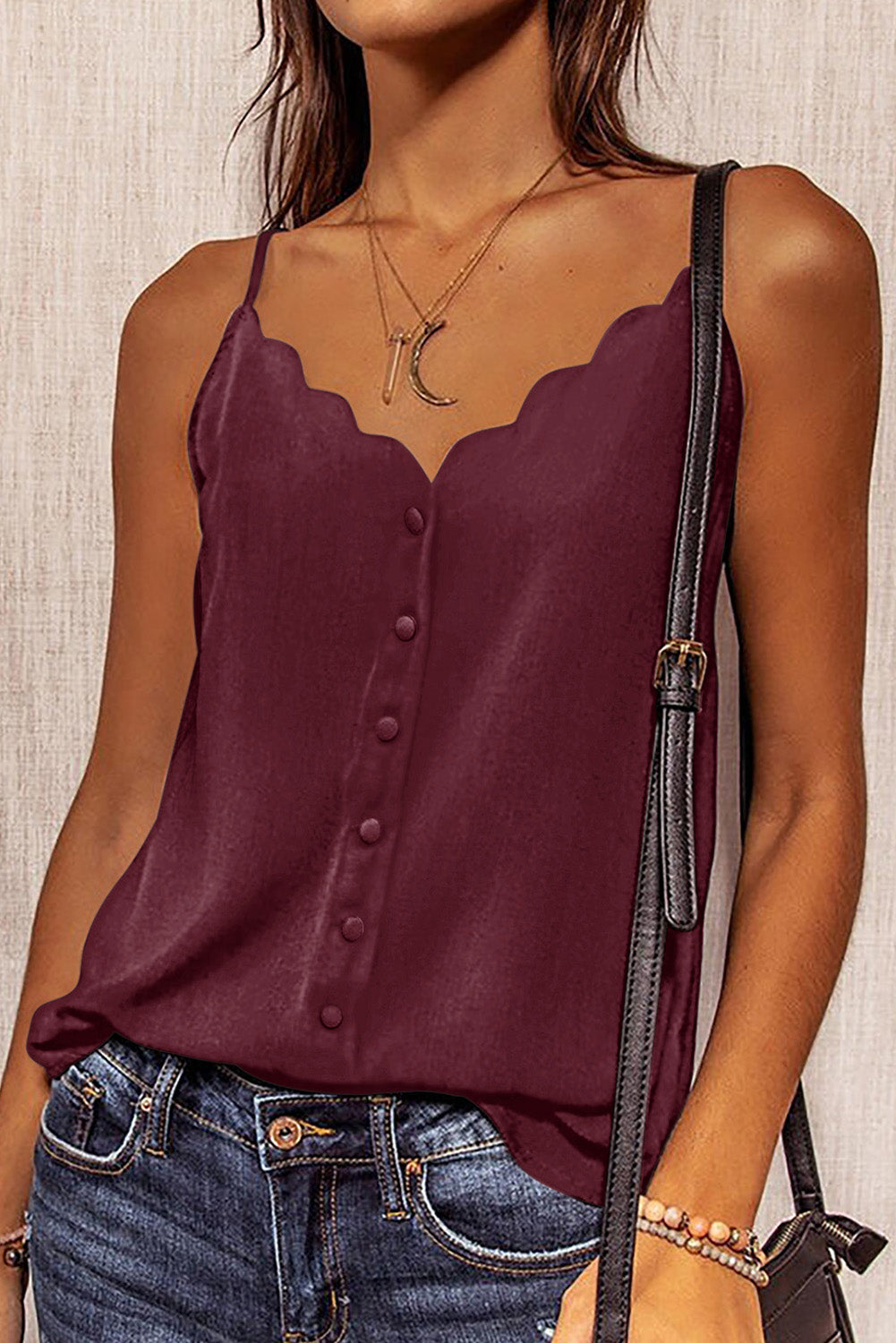 Burgundy Spaghetti Straps Buttoned V Neck Vest