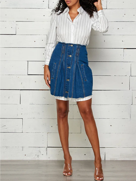 Kylee Striped Button Down 2-Piece with Denim Skirt