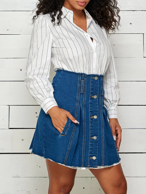 Kylee Striped Button Down 2-Piece with Denim Skirt