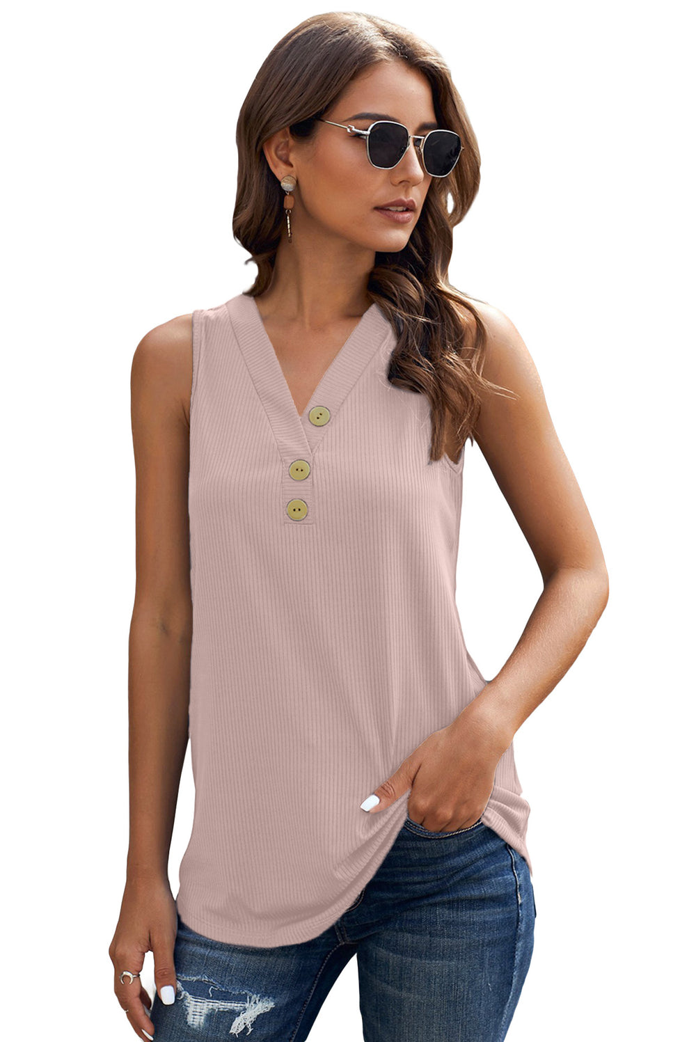 Pink Solid Color Buttons V Neck Ribbed Tank Top