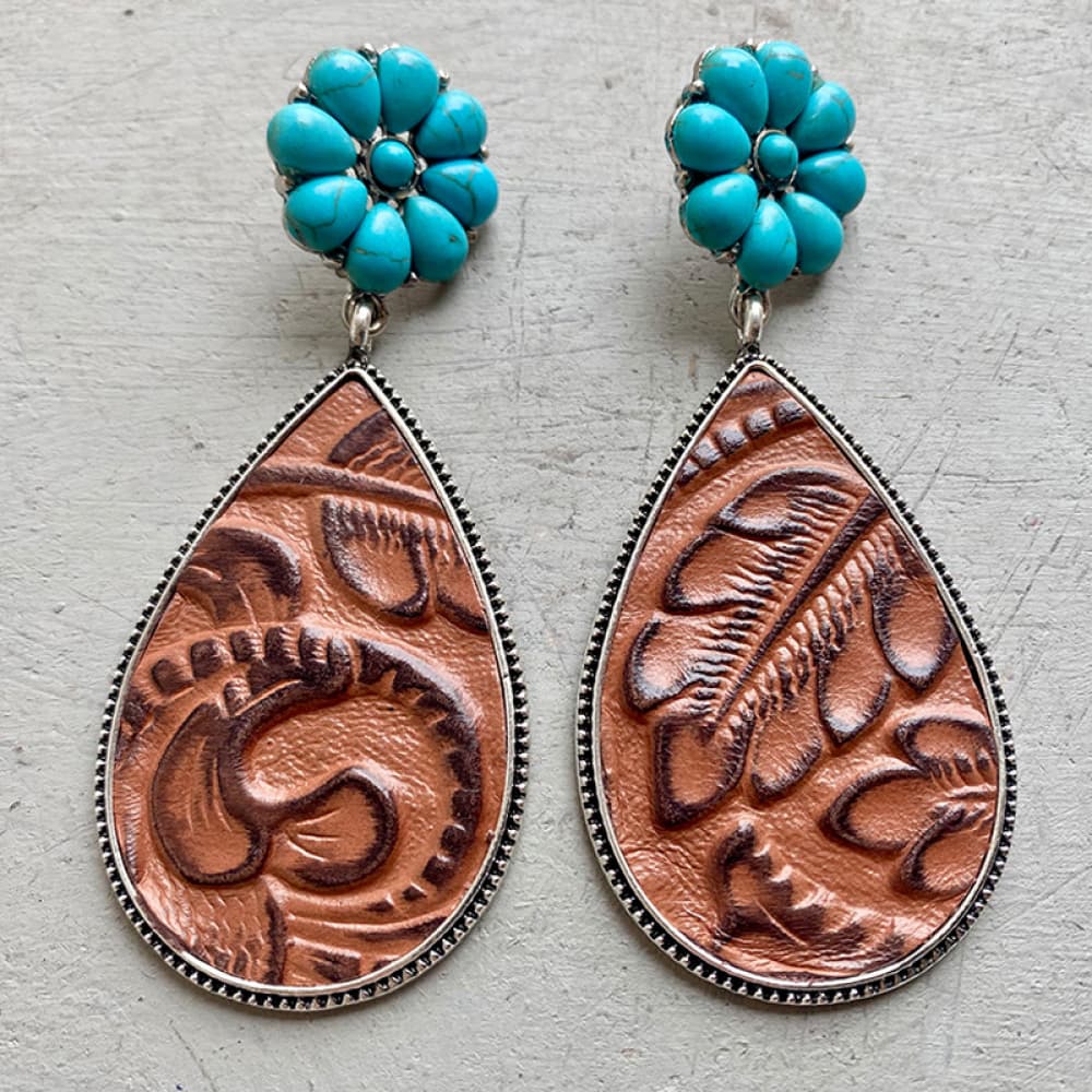 Turquoise Flower Leather Teardrop Earrings