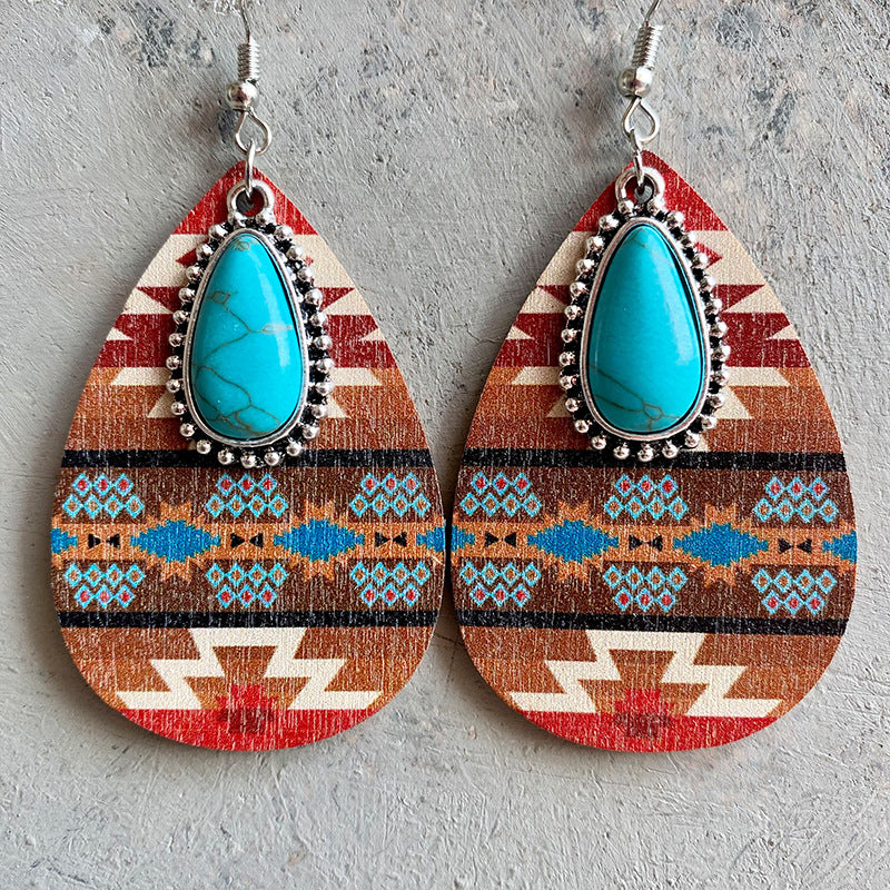 Turquoise Teardrop Shape Wooden Dangle Earrings