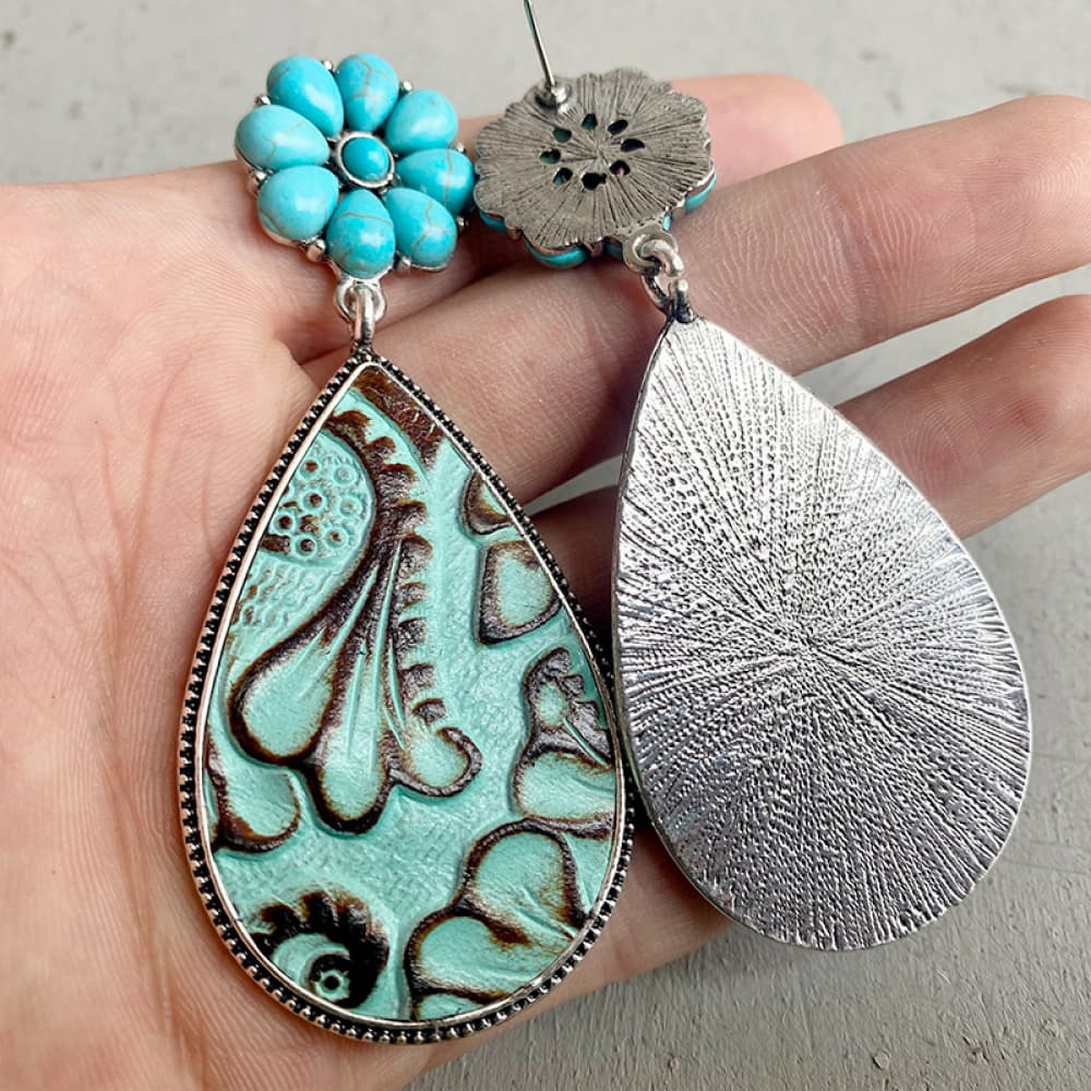 Turquoise Flower Leather Teardrop Earrings