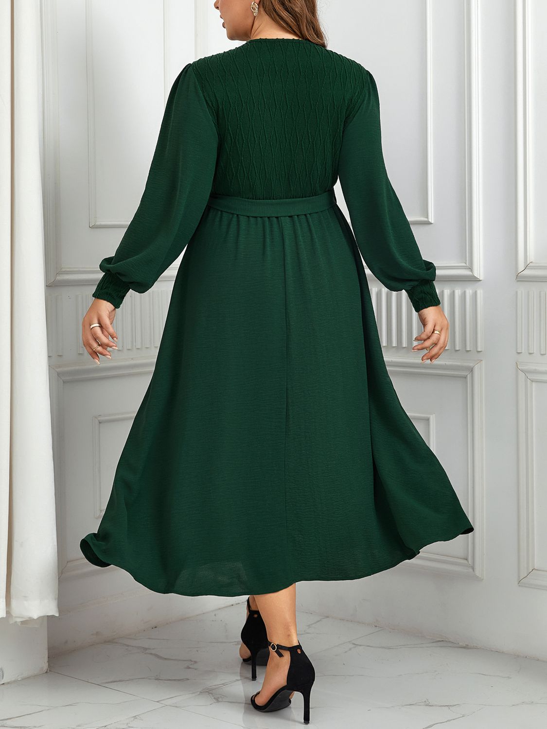 Plus Size Surplice Neck Tie Waist Long Sleeve Midi Dress