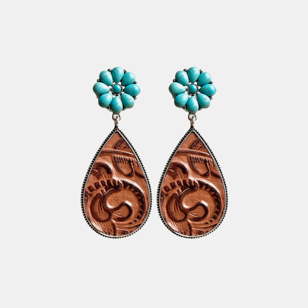 Turquoise Flower Leather Teardrop Earrings