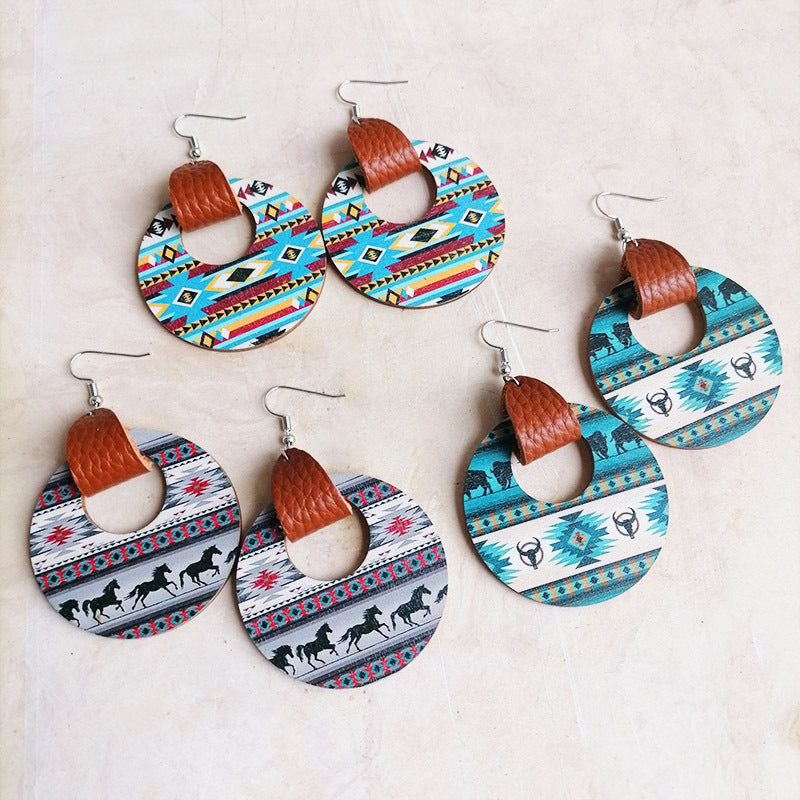 Round Shape Western Wooden Dangle Earrings