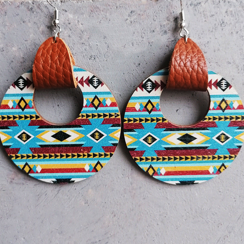 Round Shape Western Wooden Dangle Earrings