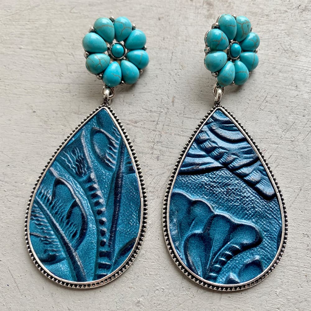 Turquoise Flower Leather Teardrop Earrings