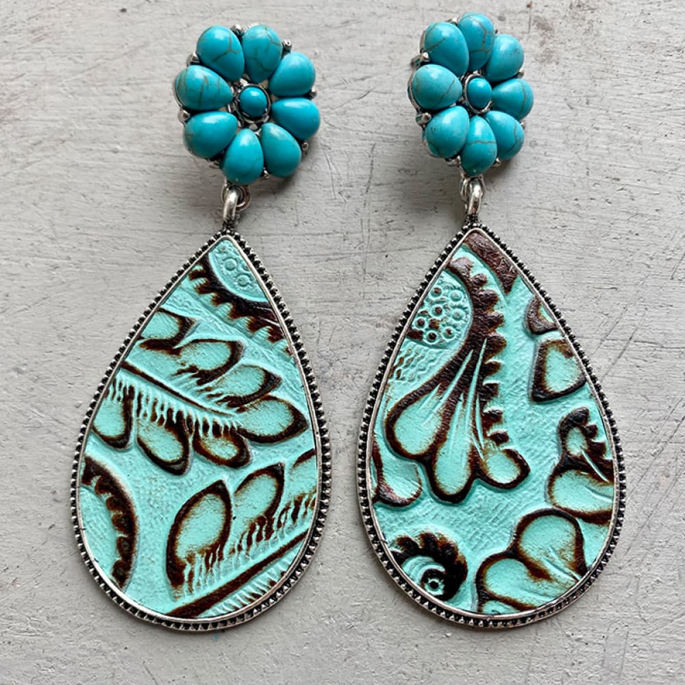 Turquoise Flower Leather Teardrop Earrings